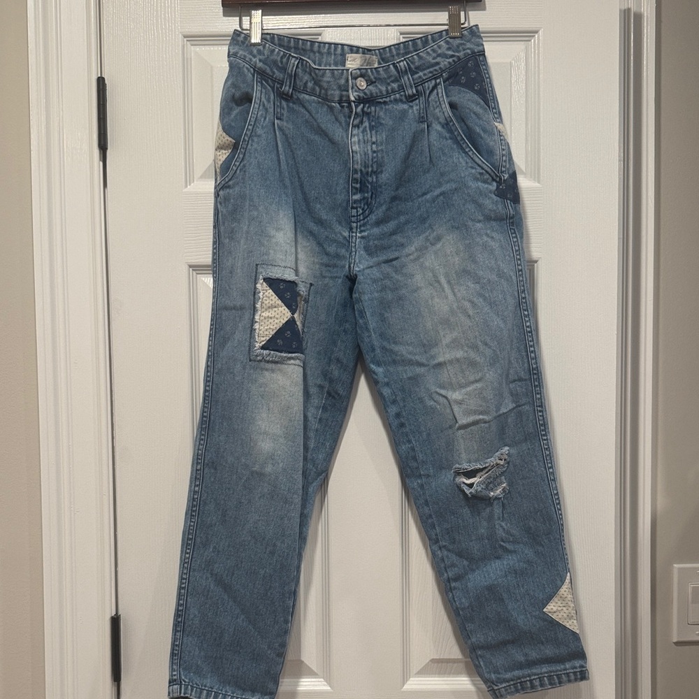We The Free Blue Patchwork Ankle Jeans